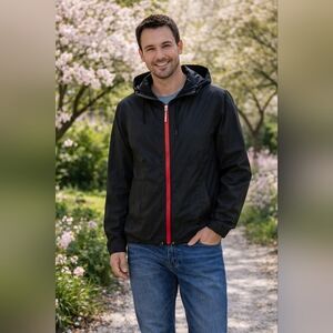 Tommy Hilfiger Black Windbreaker with Red Zipper Y2K. Size M